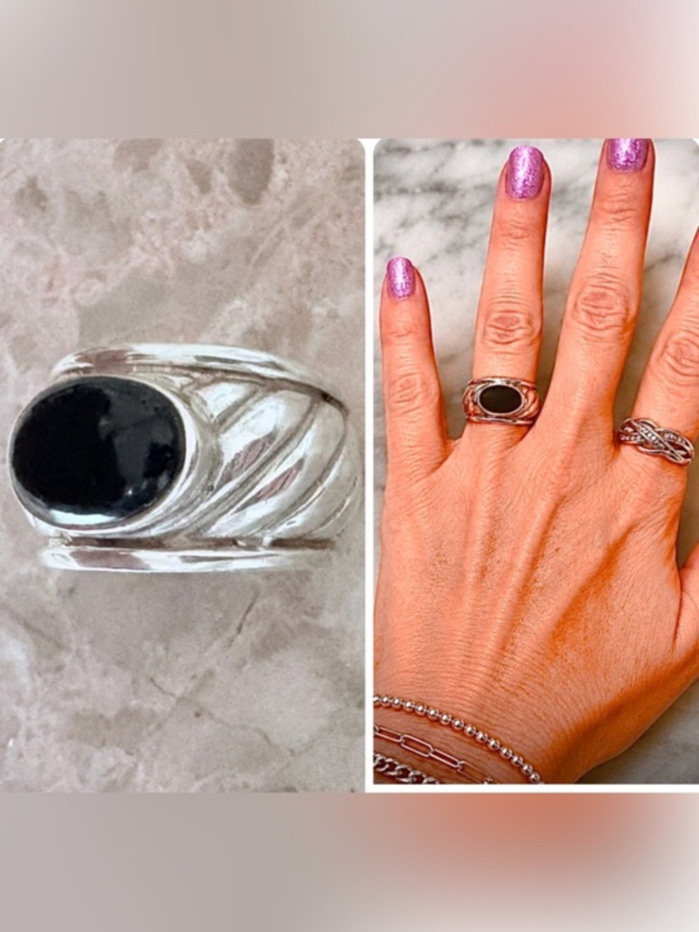 Vintage Sterling Silver Ring Oval Cabochon Black Onyx EX COND SZ 5.75-6